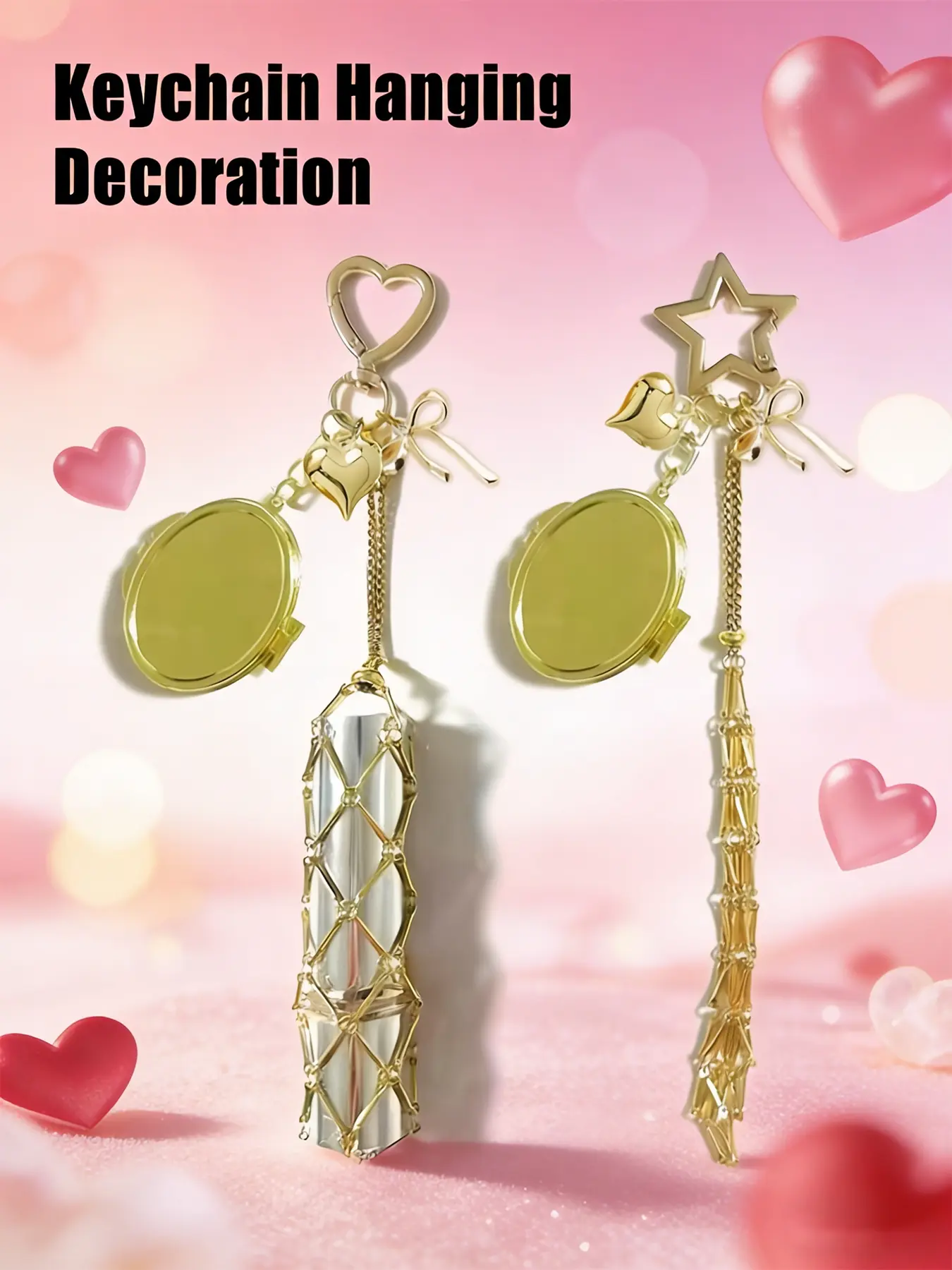 Metal Lipstick Holder Bag Charm With Replaceable Net Pocket, Heart & Star Decor Lipstick Case Keychain With Mini Mirror, Portable Makeup Accessory, Hanging Decoration For Lip Balm & Cosmetics, Bag Pendant, Alloy Keychain, Keychain Accessories