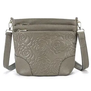 Genuine Cowhide Women's Floral-Embossed Crossbody Bag Anti-Theft Multi Pockets Adjustable Strap Casual Daily Shoulder Handbag