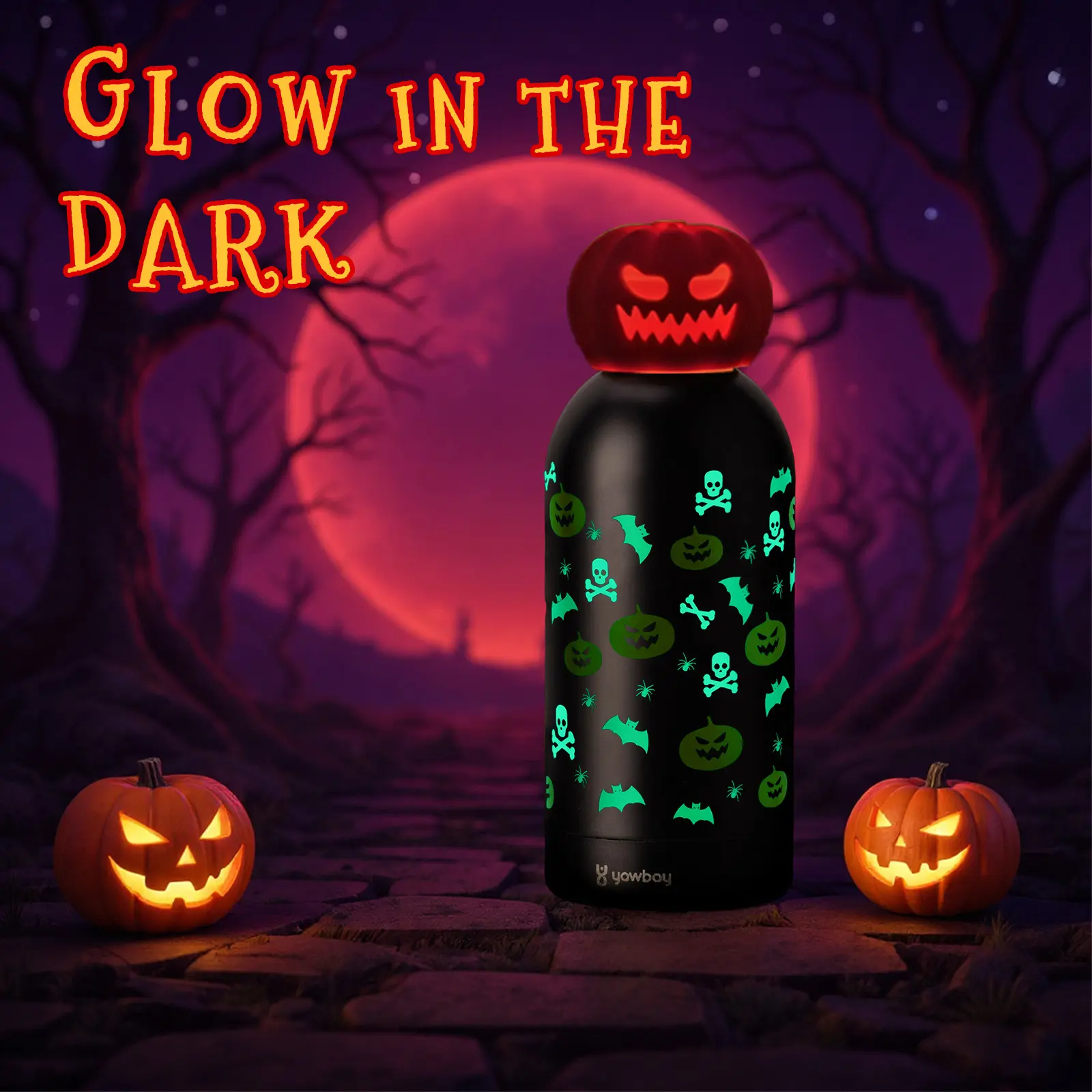 Yawbay 12oz Insulated Christmas Pumpkin Cup - Glow-in-the-Dark Luminous Design, Bat & Ghost Head Cover, Portable Vacuum Flask Thermal Cup for Spooky Nights, Halloween Drinkware, Insulated Cup