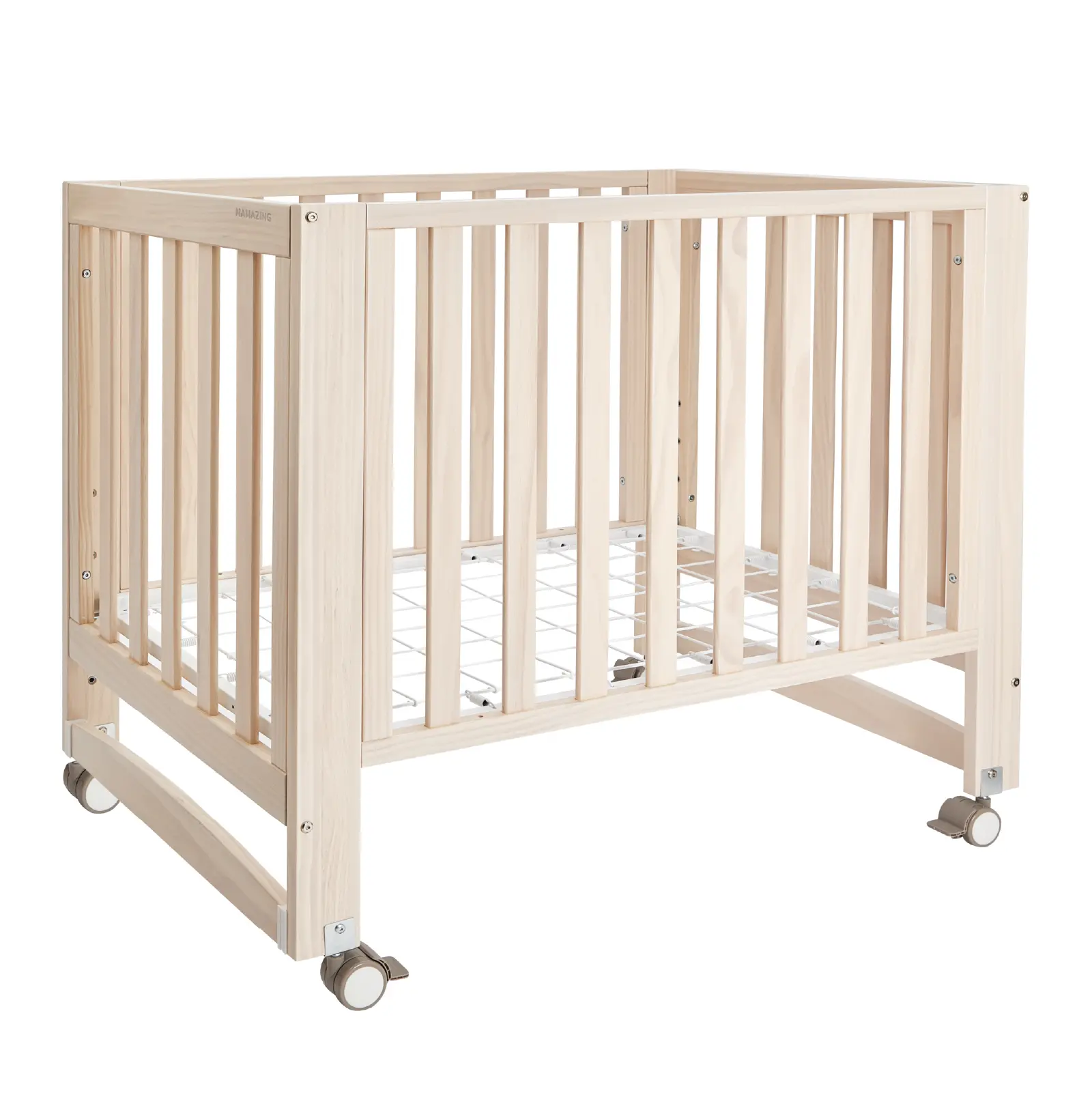 MAMAZING EvoNest 6-in-1 Convertible Unisex Baby Mini Crib with Wheels, GREENGUARD Gold Certified, New Zealand Pine Wood Modern Furniture, 4 Adjustable Heights, Rocking Mode, Small Spaces Design, Washed Natural