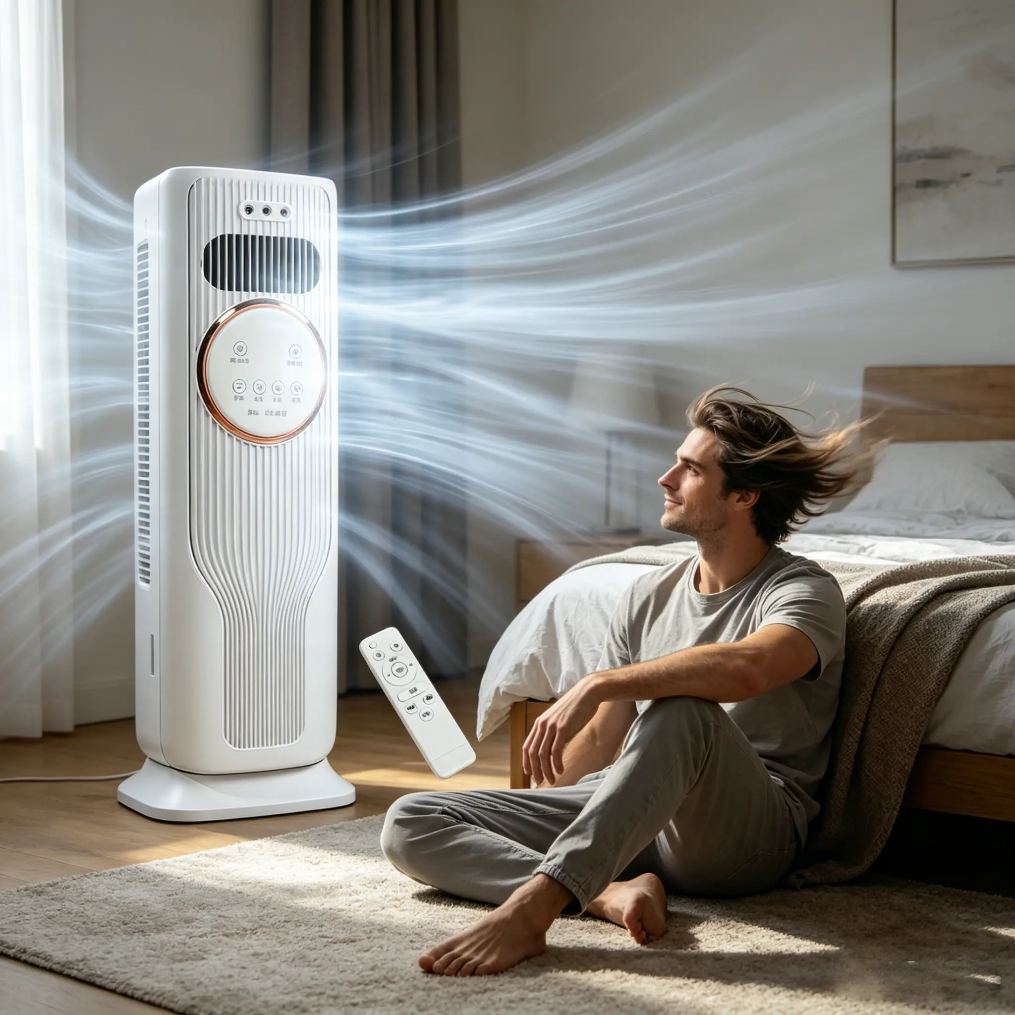 All Season Space Heater & Tower Fan Combo with Remote Control, 3 Fan Speeds & 2 Adjustable Heat Settings, Bladeless Warm Cool Dual Air Device for Bedroom Living Room Office Indoor Use, Up to 28ft/s Airflow