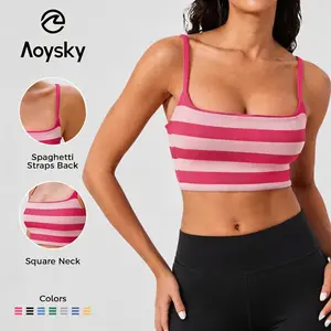Aoysky Womens Striped Square Neck Sports Bras Spaghetti Straps Ribbed Padded Low Impact Yoga Workout Camisole