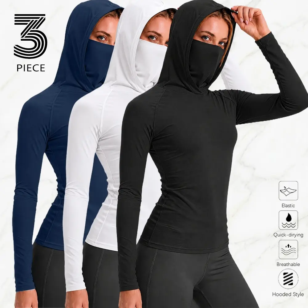 Women's 3-Pack Pullover Hoodies, Long-Sleeve Breathable Fishing Shirts, Lightweight Sun-Protective Solid Color Slightly Stretchable Tops for Outdoor Sports, Fishing