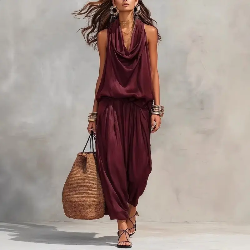 Women's Sleeveless Halter-Neck Wide-Leg Overall Suit, Casual Women's Clothes