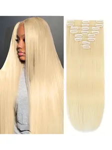 Real Hair Clip-In Extensions, Premium Bleached Blonde Clips, Smooth Straight Human Hair Clips, 8 Pairs Dual Fabric, Glueless Clip In (8 Pieces/18 Clips, Color 613)