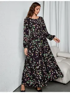 A women's black-based floral print crewneck waist-cinching slimming elegant tie bow long-sleeve dress, suitable for daily wear, commuting and vacation outfits.