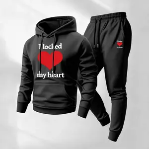 Men's Valentine's Day Print Hoodie and Drawstring Sweatpants Set, Menswear, Casual Athletic Long Sleeve Hooded Jacket & Trousers for Fall & Winter, Men's Clothing for Daily Wear, Sportswear Indoor Outdoor, Tracksuit, Athleisure