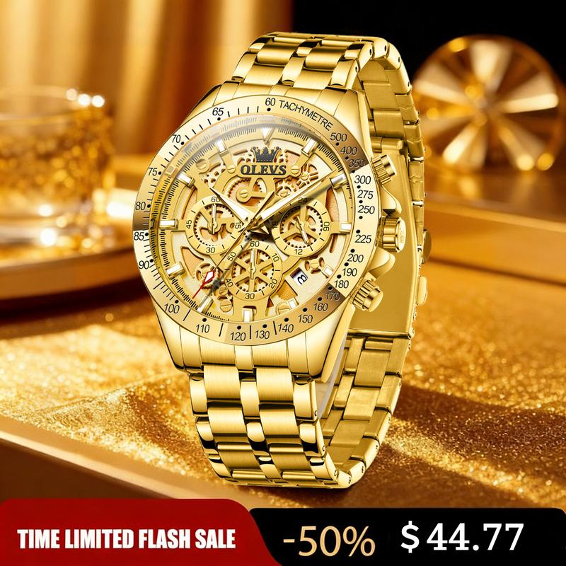 OLEVS Men's Luxury Metal Quartz Watch - 20 - 22Mm Stainless Steel Band, Hardlex Glass, 30m Waterproof, Fall Protection, Round Skeleton Dial, Date Analog, Luminous Backlit, 12-Month Battery, Formal-Casual Clasp, Commute & Glam Daily Use Gifting Wristwatch