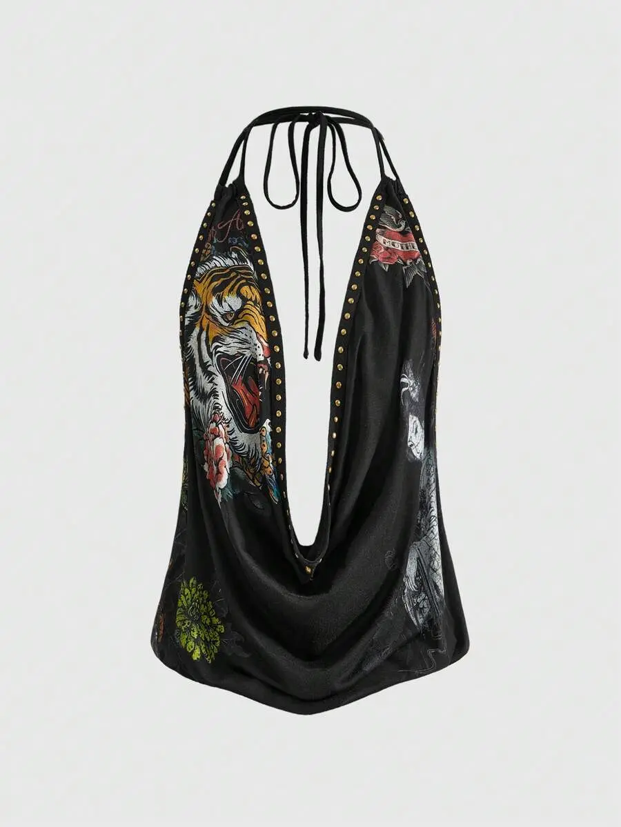 Grunge Punk Y2K Vintage Rivet Retro Tiger Head & Geisha Print Rhinestone Sexy Deep Draped Neck Camisole For Women