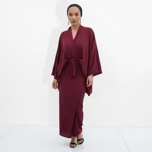 Dia Set in Maroon  - Women's Long Sleeve Top & closed Wrap Skirt, Comfortable Basic Suits, Suitable for Casual Wear
