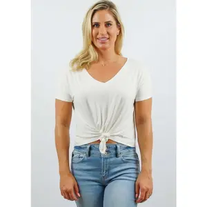 V-Neck Short Sleeve Cropped Tee with Knot Front