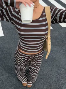 Women's Striped Long Sleeve Top & Straight Leg Pants Matching Set, Casual Everyday Fashion Design, Perfect for Daily Wear & Leisure