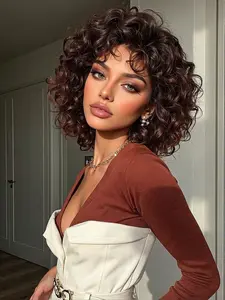 13*4*1 Lace Front Wig Side Part Brown Red Afro-curly short Synthetic Hair Wig Daily Party Cosplay Halloween Use for Women Heat Resistant fiber Afro Wigs