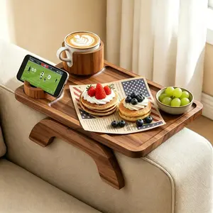 Sweetcrispy Acacia Wood Sofa Armrest Table - 3-in-1 Clip-On Tray with Stable Surface, Cup Holder, 360°Rotatable Phone Holder for Sofa Snacking, TV Watching
