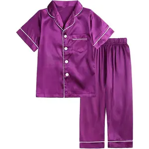 Toddlers' 2-Piece Satin Collared Neck Solid Sleepwear Pajama Lounge Set - Button-Down Short-Sleeve Shirt + Pants, Comfortable Baby Loungewear, Pajama Lounge Sets, Sleepwear Pajamas