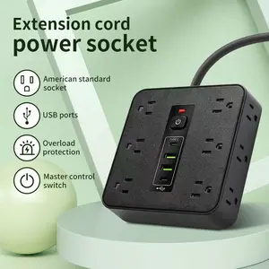 16-IN-1 Multi-function power outlet with overload protector, with 2 USB-A, 2 USB-C, 12 AC outlets, wall mountable/ power strip, one-touch on/off button, surge protector power strip, for home, office, school, dormitory. White/BLACK color