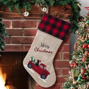 XAMSHOR Burlap Christmas Stockings 21 Inch Embroidered Linen with Red and Black Buffalo Plaid Cuff for Gift Holders Holiday Decorations