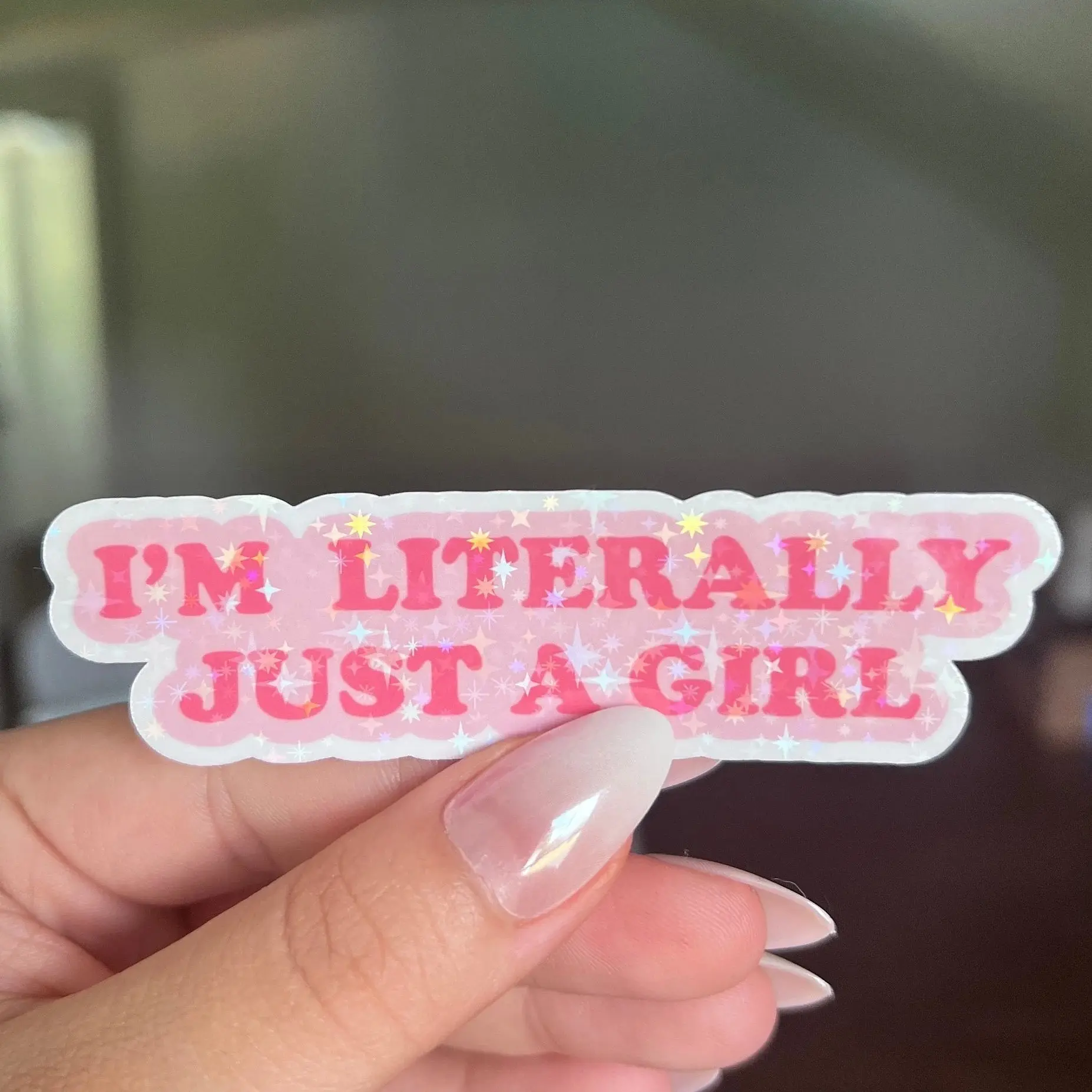 just a Girl Quote Sticker – Pink Aesthetic Emotional Support Holographic Sticker. Perfect for decorating laptops, water bottles, journals, and adding a cute daily reminder