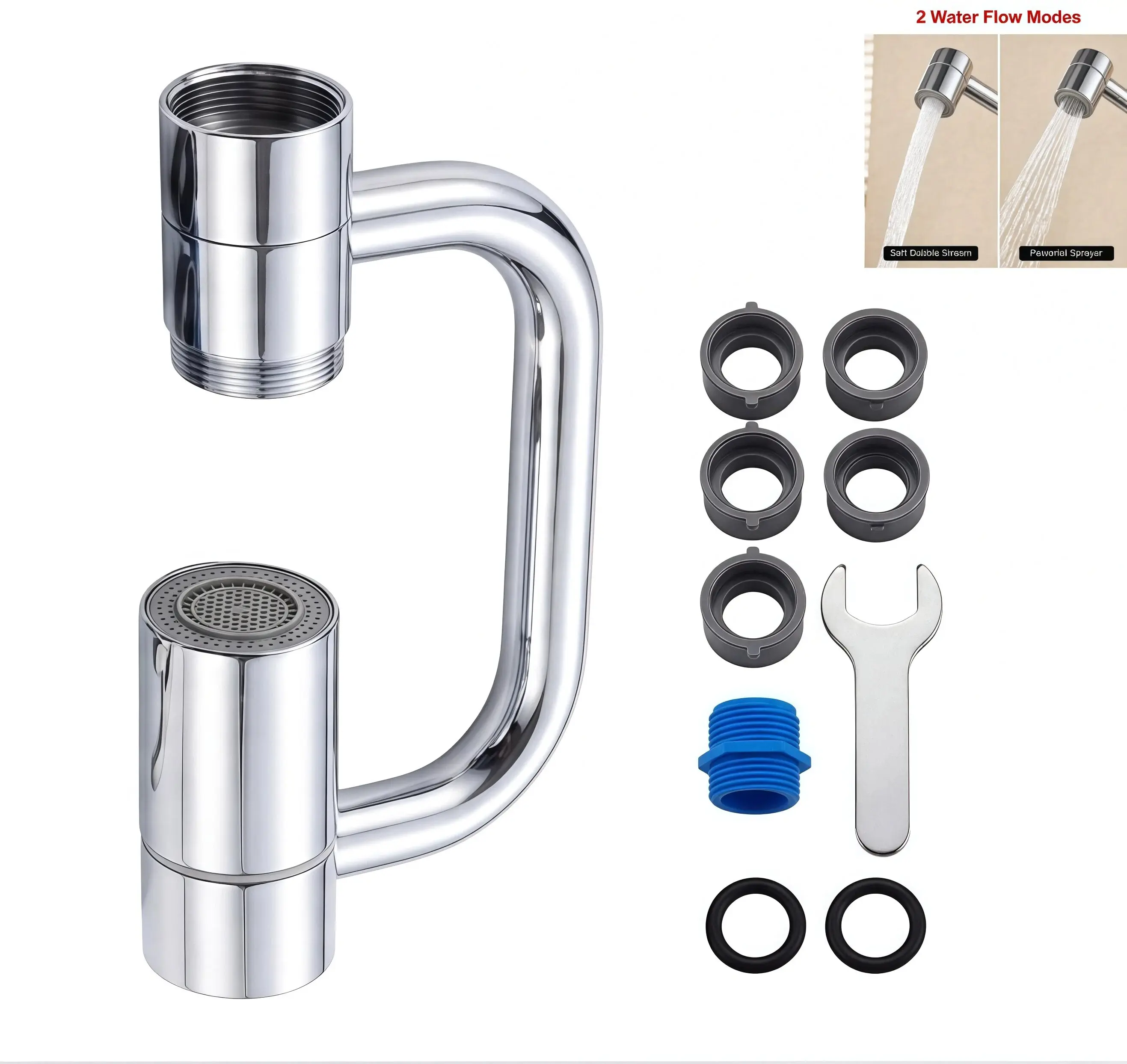 2-Mode 1080° Rotating Tap Extender, Reduce Water Waste U-Shaped Aerator, Multi-scene Faucet Adapter for Kitchen Sink, Bathroom Vanity, Wash Basin & Indoor Home Use