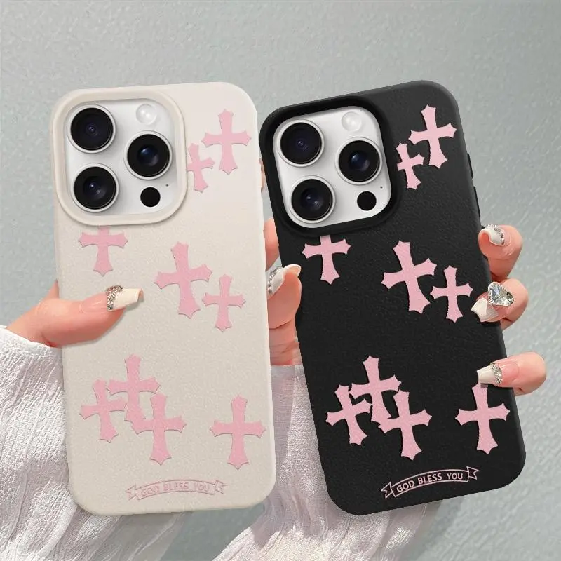 Luxe Patterned Pink Cross Faux Leather Protective Case for iPhone 13/14/15 ProMax & 16, Anti-Slip Shockproof Slim Cover with Screen Protector, Mobile Phone Accessory