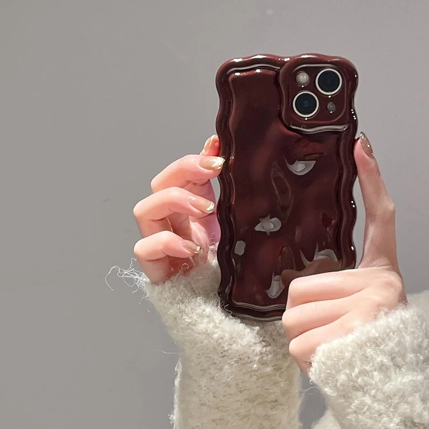 iPhone 14 6.1 Inch Soft TPU Shockproof Case - Cute 3D Solid Color Meteorite Bubble Water Ripple Curly Wavy Frame Mobile Phone Accessories, Wine Red