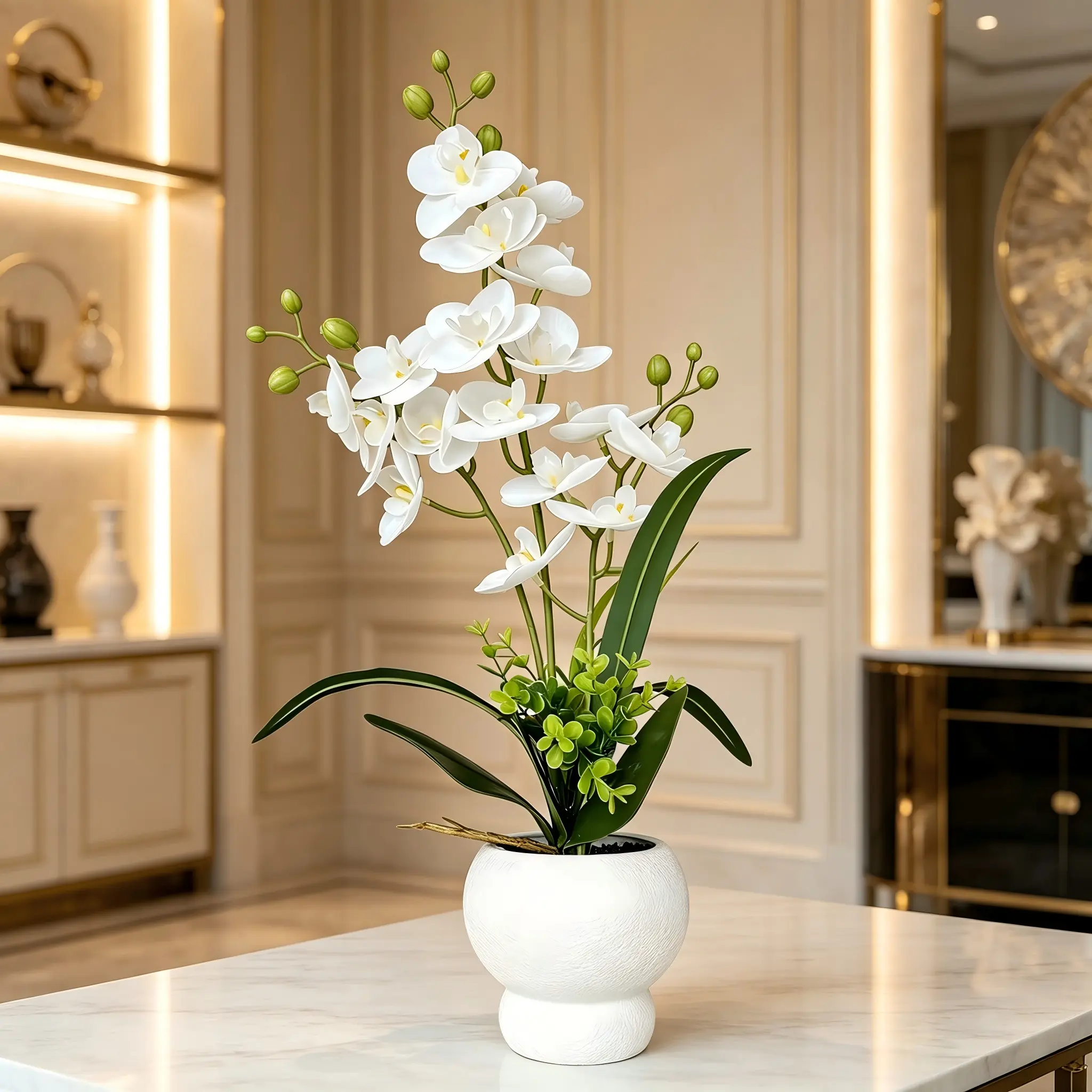 Artificial white Phalaenopsis potted plants, artificial bouquets of artificial plants can be placed on the office desktop, the petals are delicate and soft, lifelike, and also suitable for reception areas, bookshelves, porches, balconies and gifts.