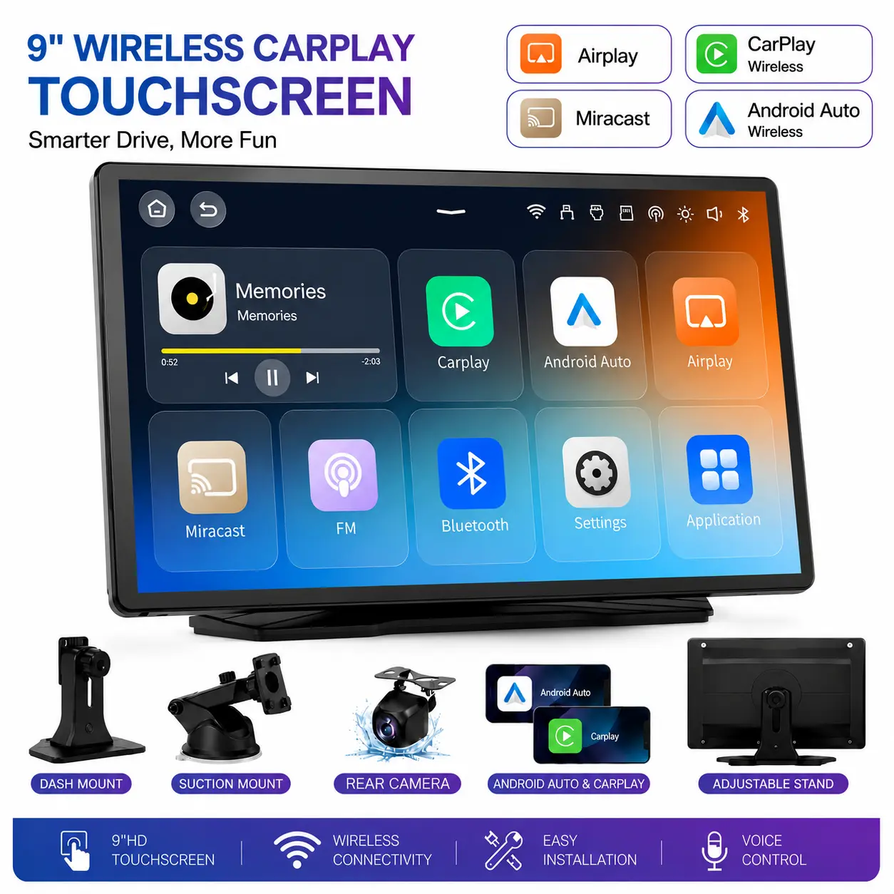 【YMQ】Hot Selling - 2026 Model 9-inch Wireless CarPlay Screen - Portable touchscreen supporting CarPlay, Android Auto, GPS, Mirror Link, and rearview camera | Voice control; requires mobile data after connection, ignore other Wi-Fi networks.