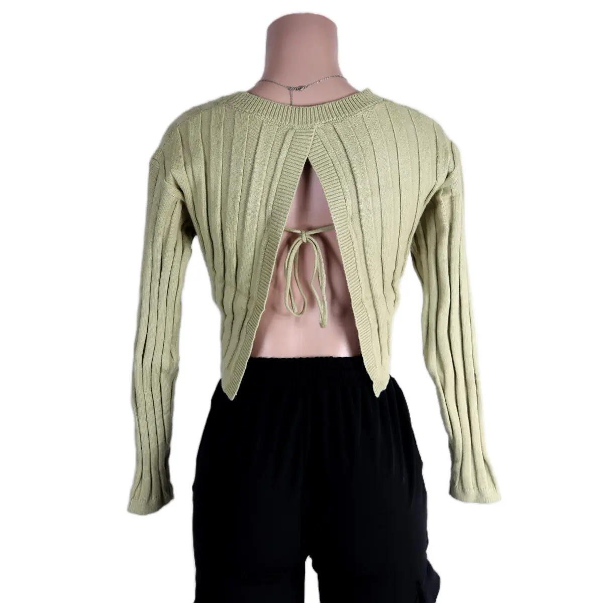 Light Olive Sweater Top Long Sleeve Ribbed Knitwear