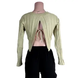 Light Olive Sweater Top Long Sleeve Ribbed Knitwear