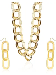 3Pcs Gold Plated Chunky Rope Chain Necklace & Hollow Dangle Earrings Set for Men Women, Punk Hip Hop Rap Style Fashion Jewelry