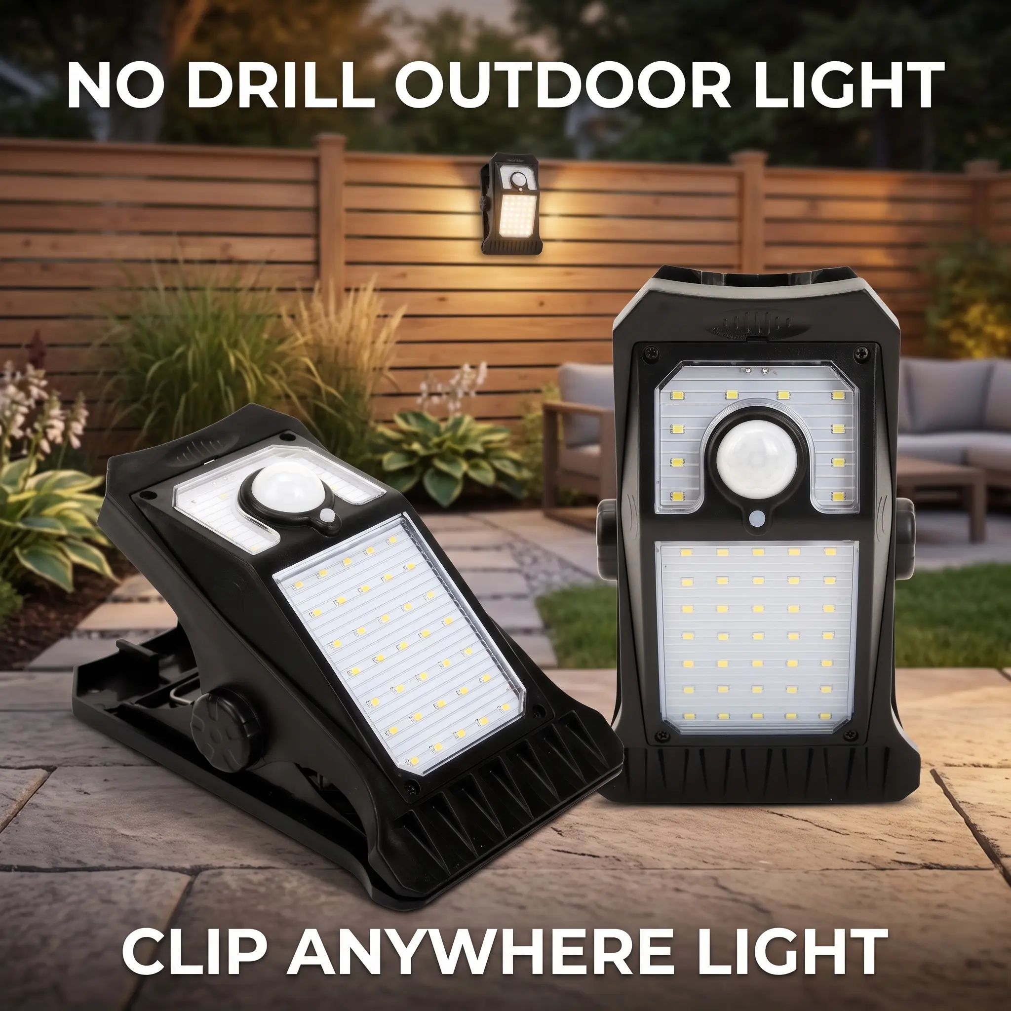 Outdoor Solar Clip-On Motion Sensor Security Light - ABS Plastic, No-Drill Adjustable Clamp Mount, IP65 Water Resistant, Built-In Cells, for Outdoor Spaces, Garage