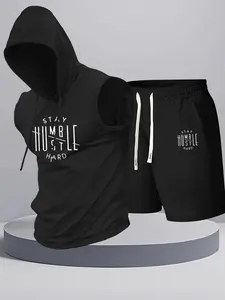 Men's Summer Set Letter Pattern Print Hooded Sleeveless Vest + Casual Waist Drawstring Fake Two-Piece Shorts, Outdoor Sports, Athleisure Street Fit, Comfortable Breathable Fabric, Workout Sets