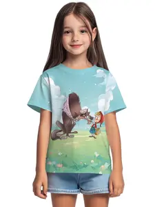 Cartoon Wolf and Little Red Riding Hood digital printed summer fashion girls' clothing, 100% polyester designed for energetic children, cute girls' short-sleeve T-shirts, summer casual children's clothing, outdoor sports T-shirts