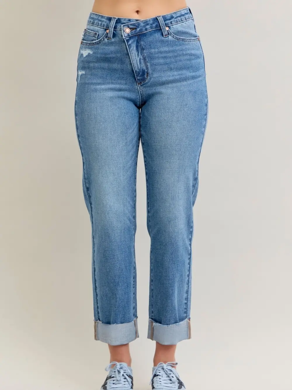Hailey Judy Blue High Waist Boyfriend Criss-cross Mild Destroy Single Cuff Jean