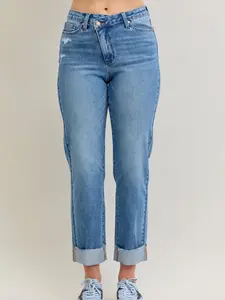 Hailey Judy Blue High Waist Boyfriend Criss-cross Mild Destroy Single Cuff Jean