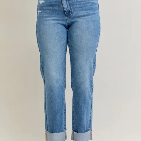 Hailey Judy Blue High Waist Boyfriend Criss-cross Mild Destroy Single Cuff Jean