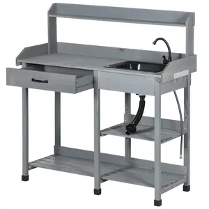 Gray Wooden Outdoor Garden Potting Bench Table - Outdoor Furniture Work Station with Removable Sink, Faucet, Drawer, Shelves, and Hooks