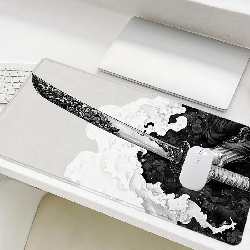 Japanese Samurai Sword Wave Pattern Mouse Pad, 1 Count Gaming Mouse Pad, Non-slip Rubber Base Stitched Edge Desk Pad for Home Office Game Room, Desk Accessories