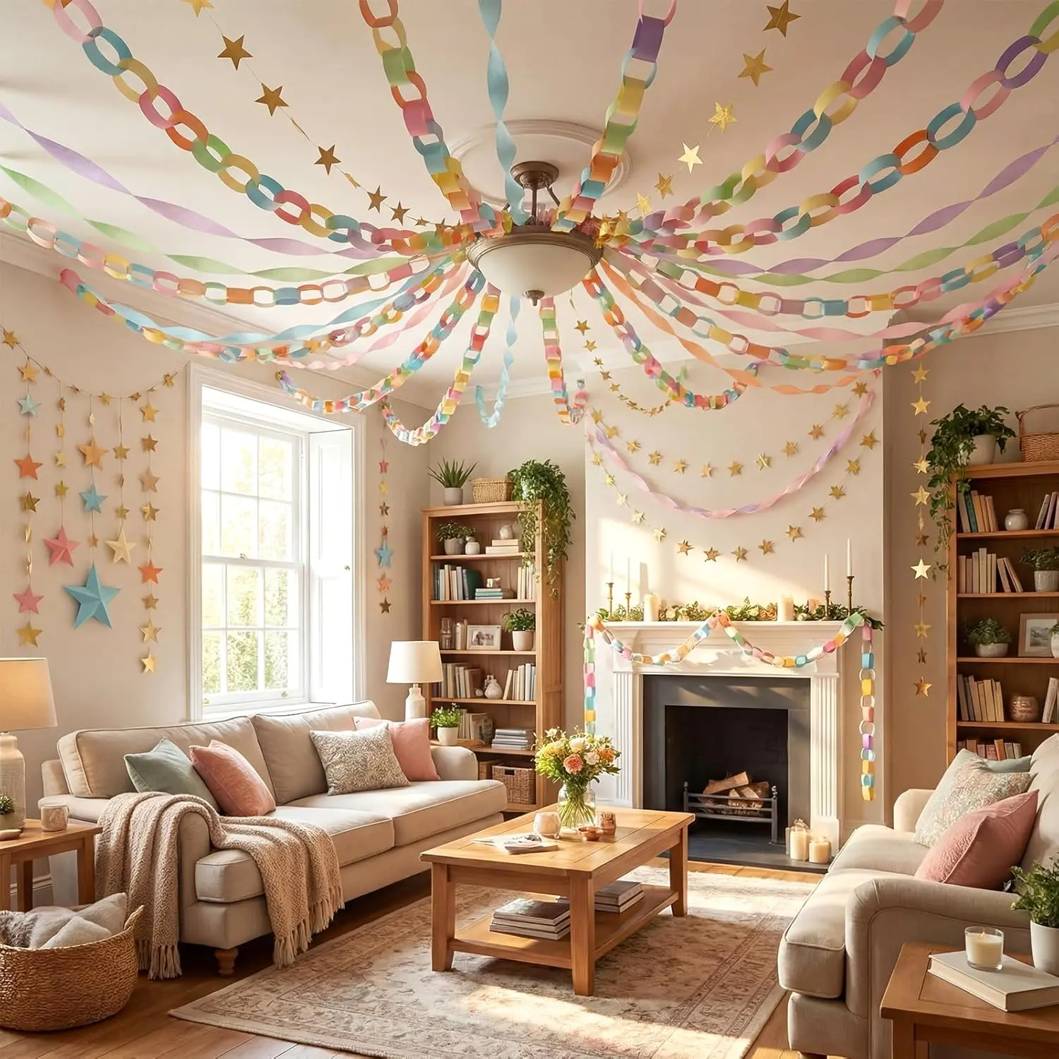 Paper Chain Garland Party Decoration Kit, 400/600 Sheets with 328/492ft Crepe Paper Streamers & 65.5ft Star Garland, Colorful Hanging Decor for Birthday, Baby Shower, Classroom, Kids Party & Celebrations