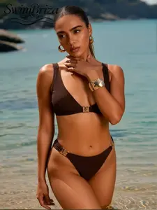 Briza｜Women's Fashion Summer Bikini Set: Sexy Coffee-Colored Bra + Shorts, Elastic And Comfortable Fabric, Perfect For Pool Parties, Beach Vacations, And Leisure Hiking.