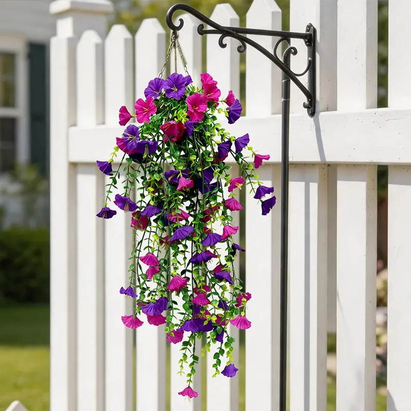 Artificial morning glory vines with UV protection for spring and summer, Hanging flowers, artificial flower, pink flowers, realistic petals, maintenance-free, durable plastic indoor/outdoor decoration, suitable for weddings, and floral decorati
