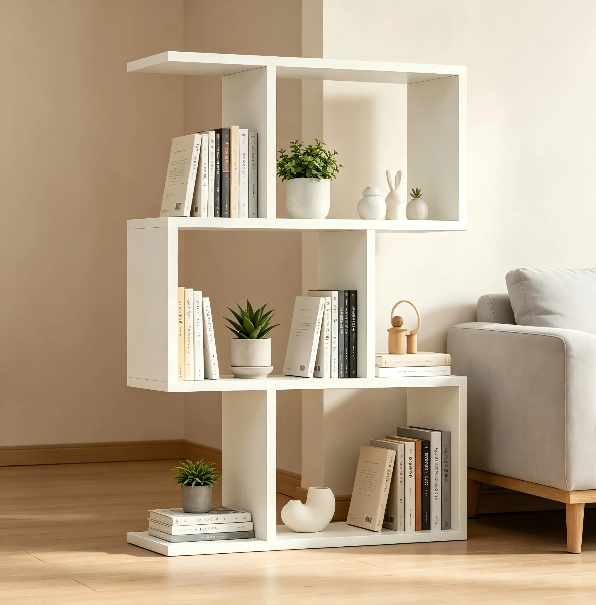 Modern 3-Tier Wall-Mounted Bookshelf, Geometric E-Shape Floating Shelf with Multi-Level Open Storage, Space-Saving Display Rack for Books, Plants, Photos, and Decor, for Living Room, Bedroom, Study or Entryway, Easy to Install