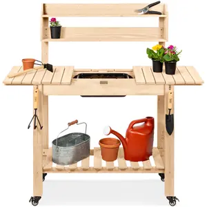 Best Choice Products Wood Garden Potting Bench Workstation, Sliding Tabletop, 4 Locking Wheels, Dry Sink