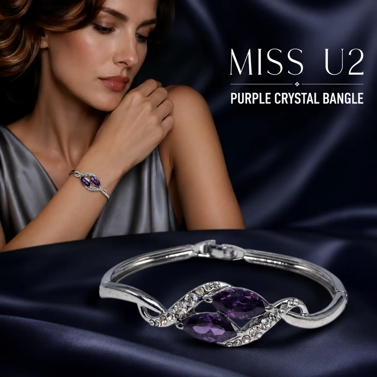 Marquise Purple Man Made Crystal Silver Tone Twisted Cuff Bangle Clear Rhinestone Inlaid Elegant Women Statement Bracelet Wedding Party Formal Costume Jewelry Gift For Her