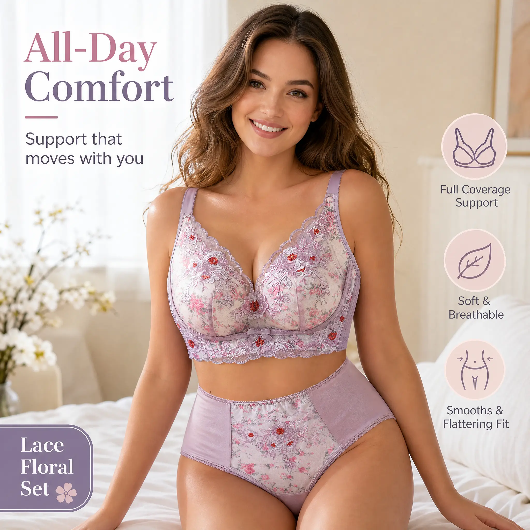 Women's 2-Piece Wireless Lace Lingerie Set - Flattering Fit, Soft Fabric for Daily Wear