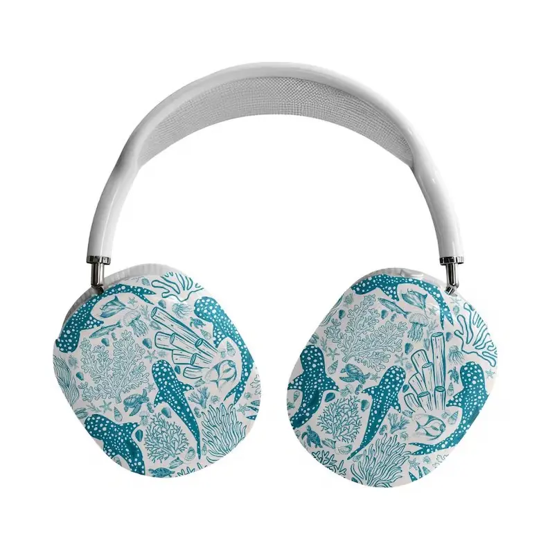Ocean Whale Shark & Coral Reef Fabric Ear Cushion Covers for AirPods Max - Ocean Core Aesthetic Washable Protective Sleeve Set (Silver / White Compatible)