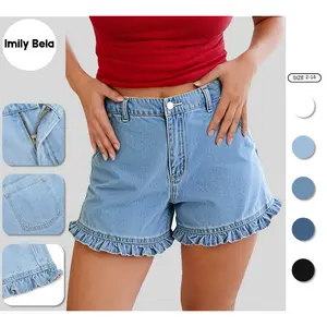 Imily Bela Womens Summer Ruffle Denim Shorts Cute High Waisted Cotton Short Jeans with Pockets SpringStatements.Size down if you are between sizes.