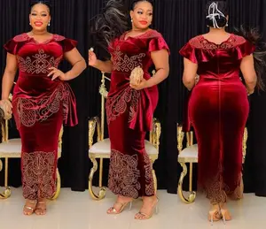 Elegant Wine Velvet Hourglass Maxi Dress with Rhinestone Embellishments & Flutter Sleeves for African Wedding Guest Mother of The Bride Nigerian Engagement Ceremony Photoshoot Iro Buba Velvet Ruched Birthday Cocktail Reception Turkey Party Womenswear