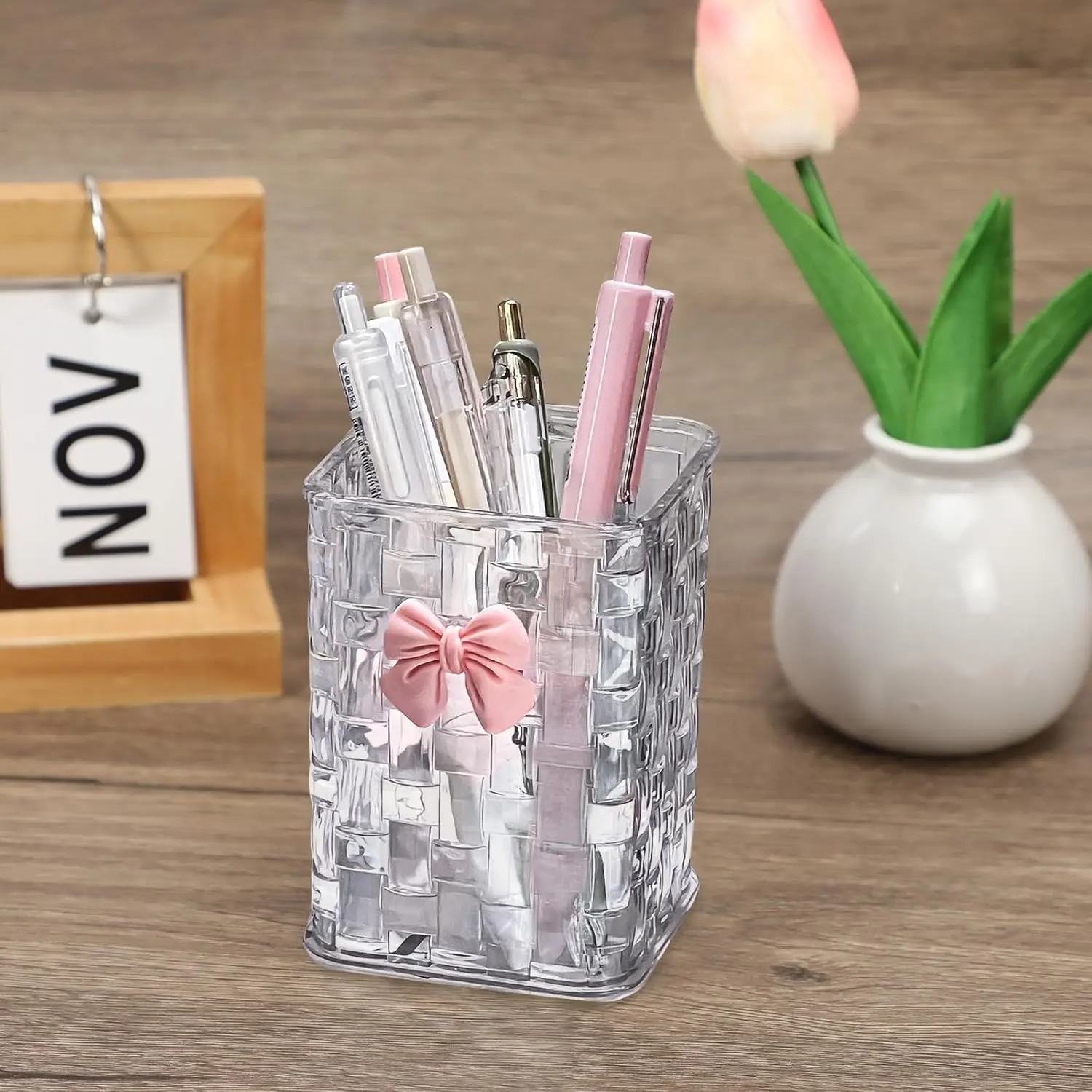 Pen Holder for Desk, Clear Pencil Organizer Makeup Brush Cup Holders with Bow Back To School Accessories for Teachers Appreaction Present (Transparent)