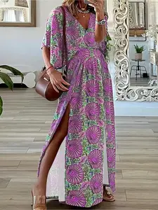 Plus Size V-Neck Batwing Sleeve Maxi Dress, Boho Paisley Print, Smocked Waist, Side Split, Womenswear, Casual Wear, Bohemian